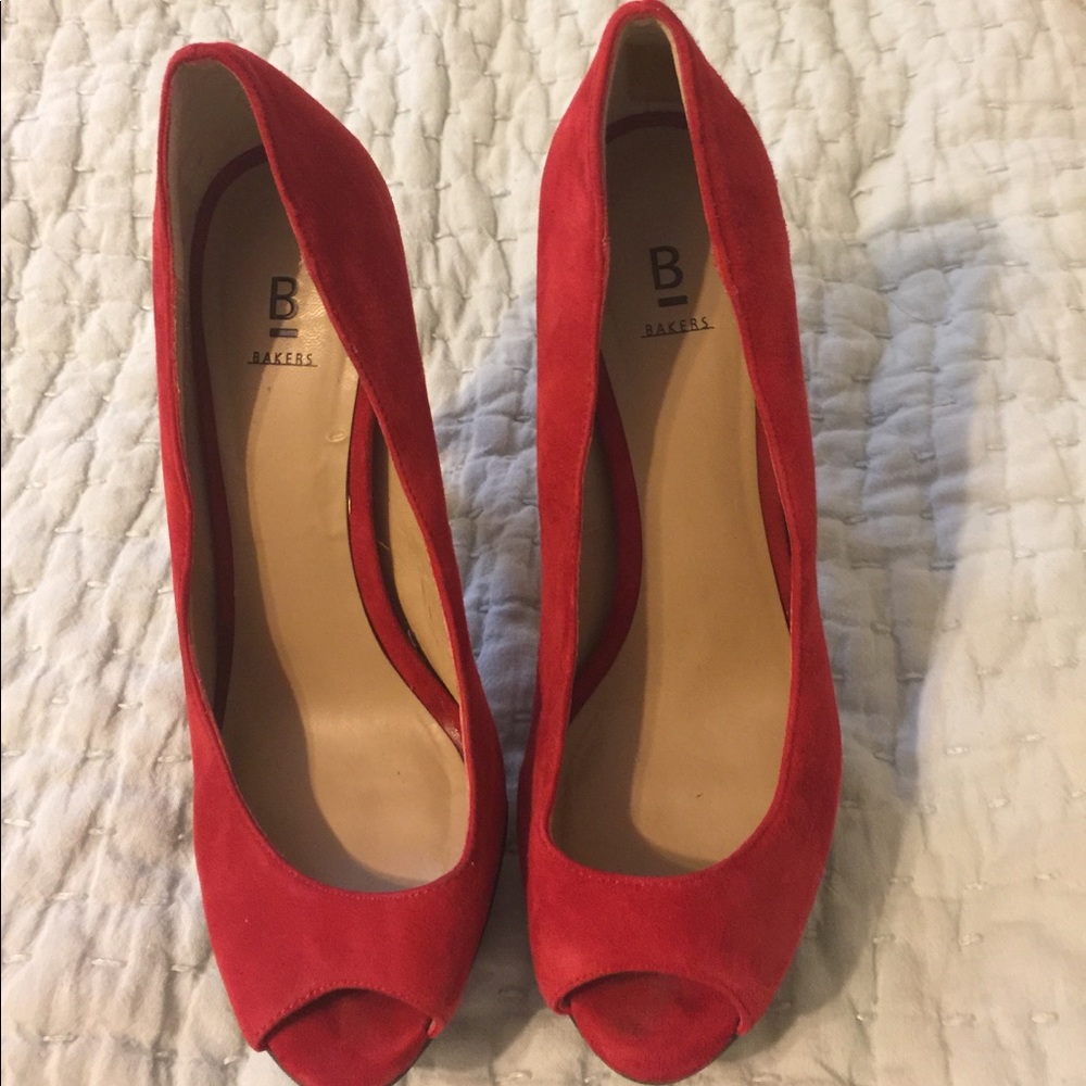 Red Suede Bakers Peep-Toe Heels. 6.5